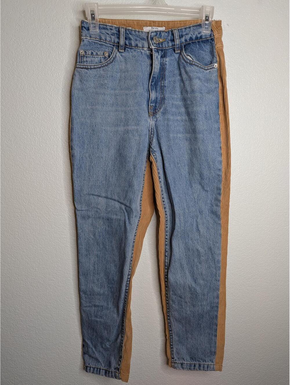 Bershka Mom Jeans Corduroy Panel Two Tone Denim Pants Size US 2